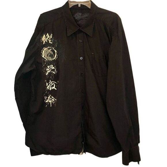 Stranded Button Down Shirt with Asian Style Graphics in Black/Cream/Grey Men’s X - Picture 1 of 9